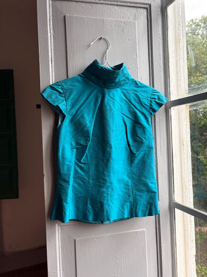 Vintage Turquoise Satin Open Back Blouse — detail