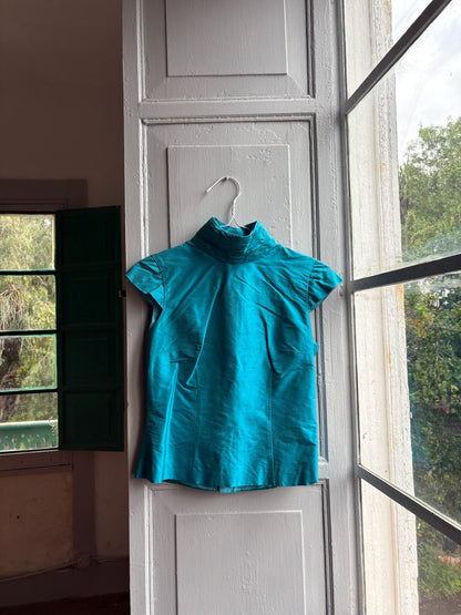Vintage Turquoise Satin Open Back Blouse — fabric close-up