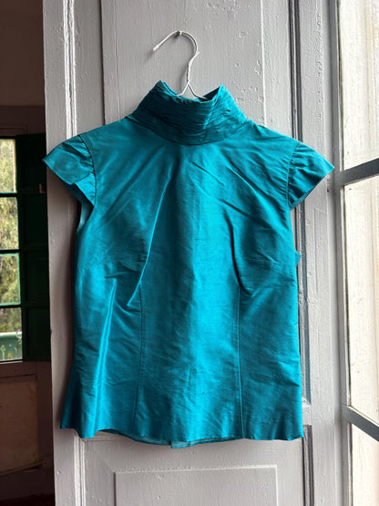 Vintage Turquoise Satin Open Back Blouse — additional view 6