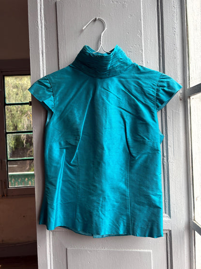 Vintage Turquoise Satin Open Back Blouse — additional view 8
