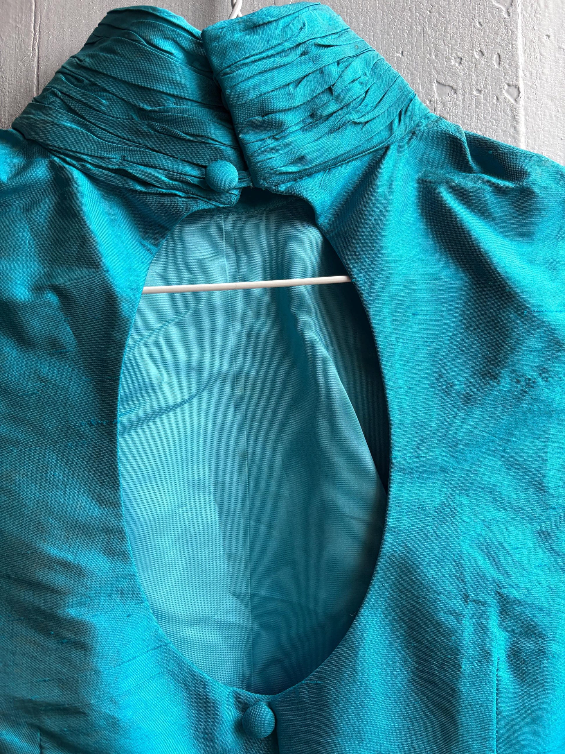 Vintage Turquoise Satin Open Back Blouse — additional view 10