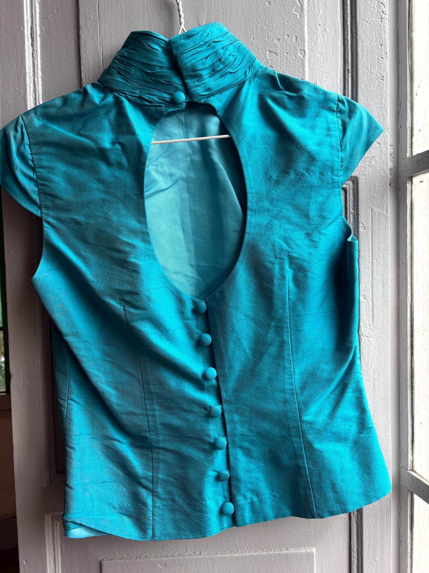 Vintage Turquoise Satin Open Back Blouse — additional view 12