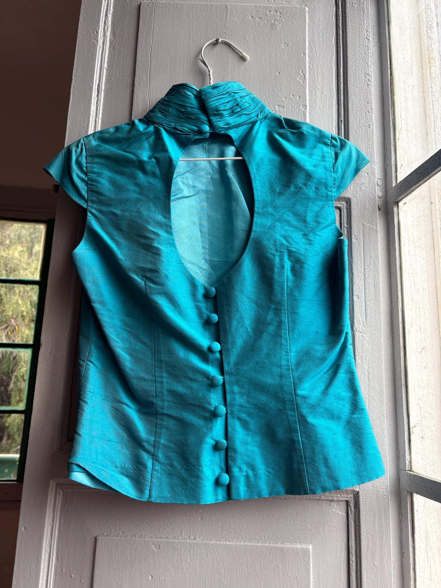 Vintage Turquoise Satin Open Back Blouse — additional view 15