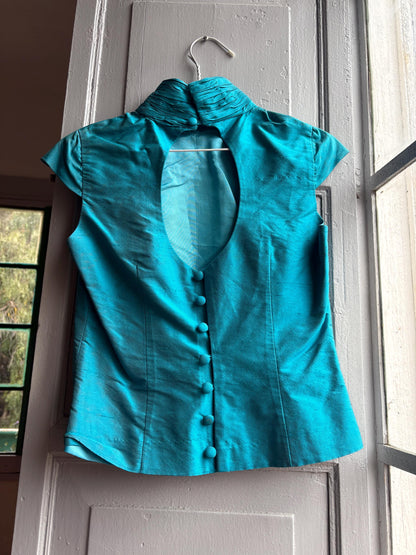 Vintage Turquoise Satin Open Back Blouse — additional view 15