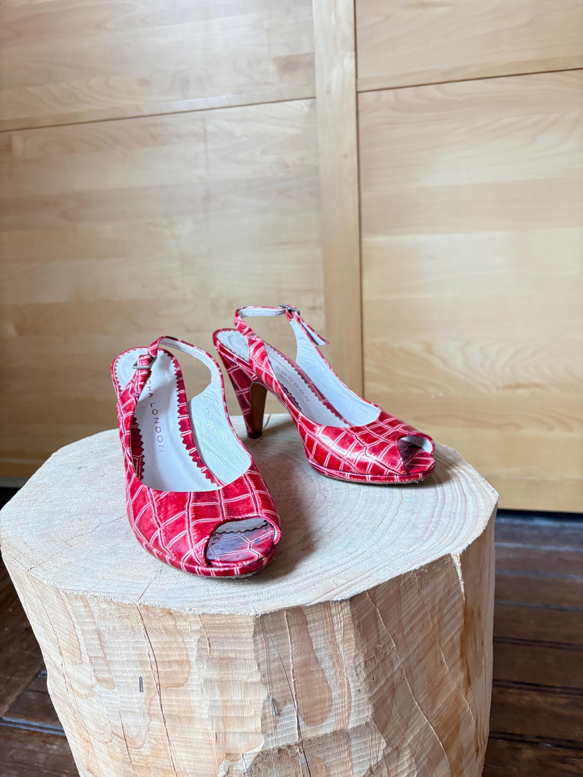 Vintage Sacha London Red Patent Heels, Peep Toe Snake Leather Shoes, Y2K Glam Made In Spain EU 37 Retro Chic