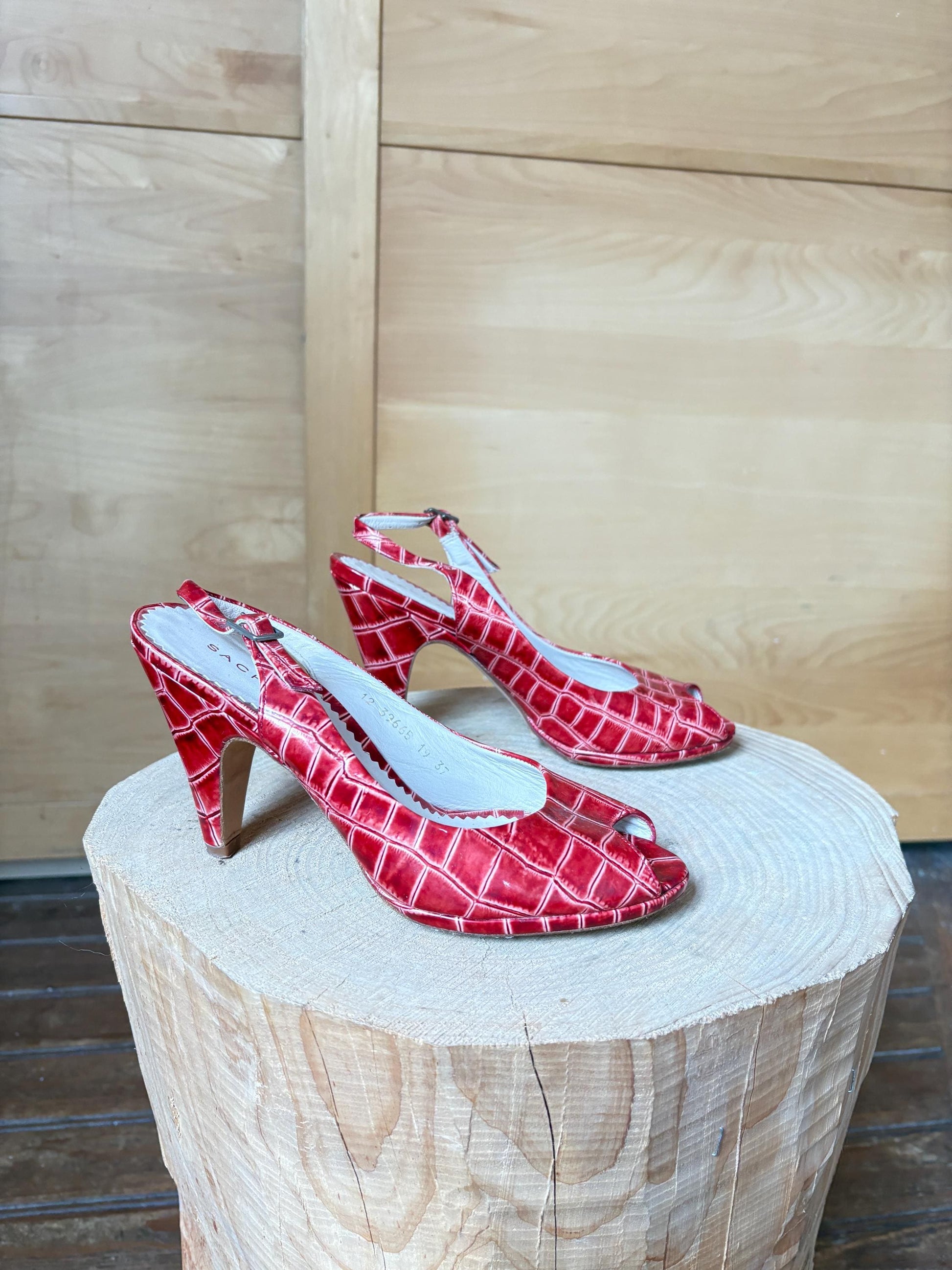 Vintage Sacha London Red Patent Heels, Peep Toe Snake Leather Shoes, Y2K Glam Made In Spain EU 37 Retro Chic
