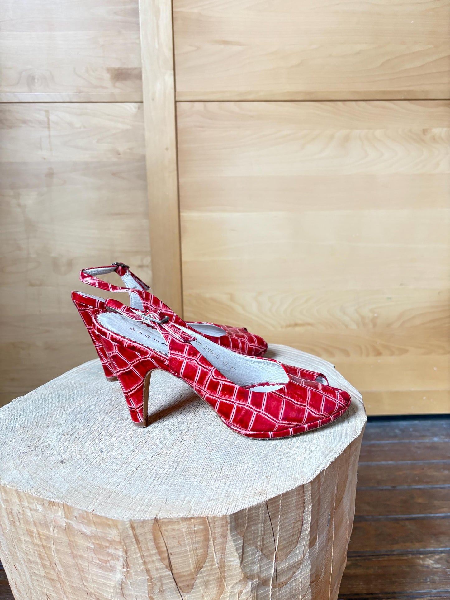 Vintage Sacha London Red Patent Heels, Peep Toe Snake Leather Shoes, Y2K Glam Made In Spain EU 37 Retro Chic