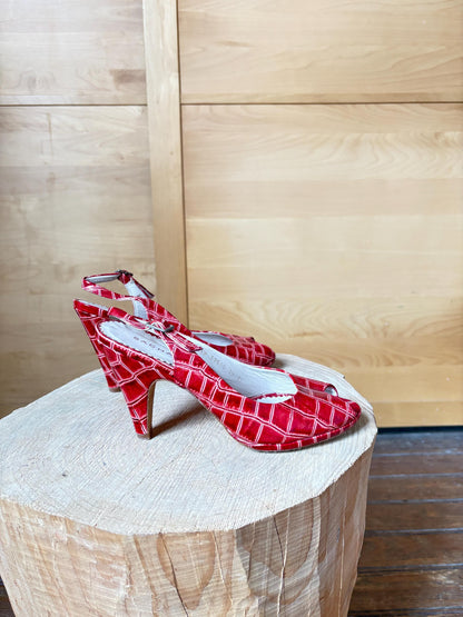Vintage Sacha London Red Patent Heels, Peep Toe Snake Leather Shoes, Y2K Glam Made In Spain EU 37 Retro Chic