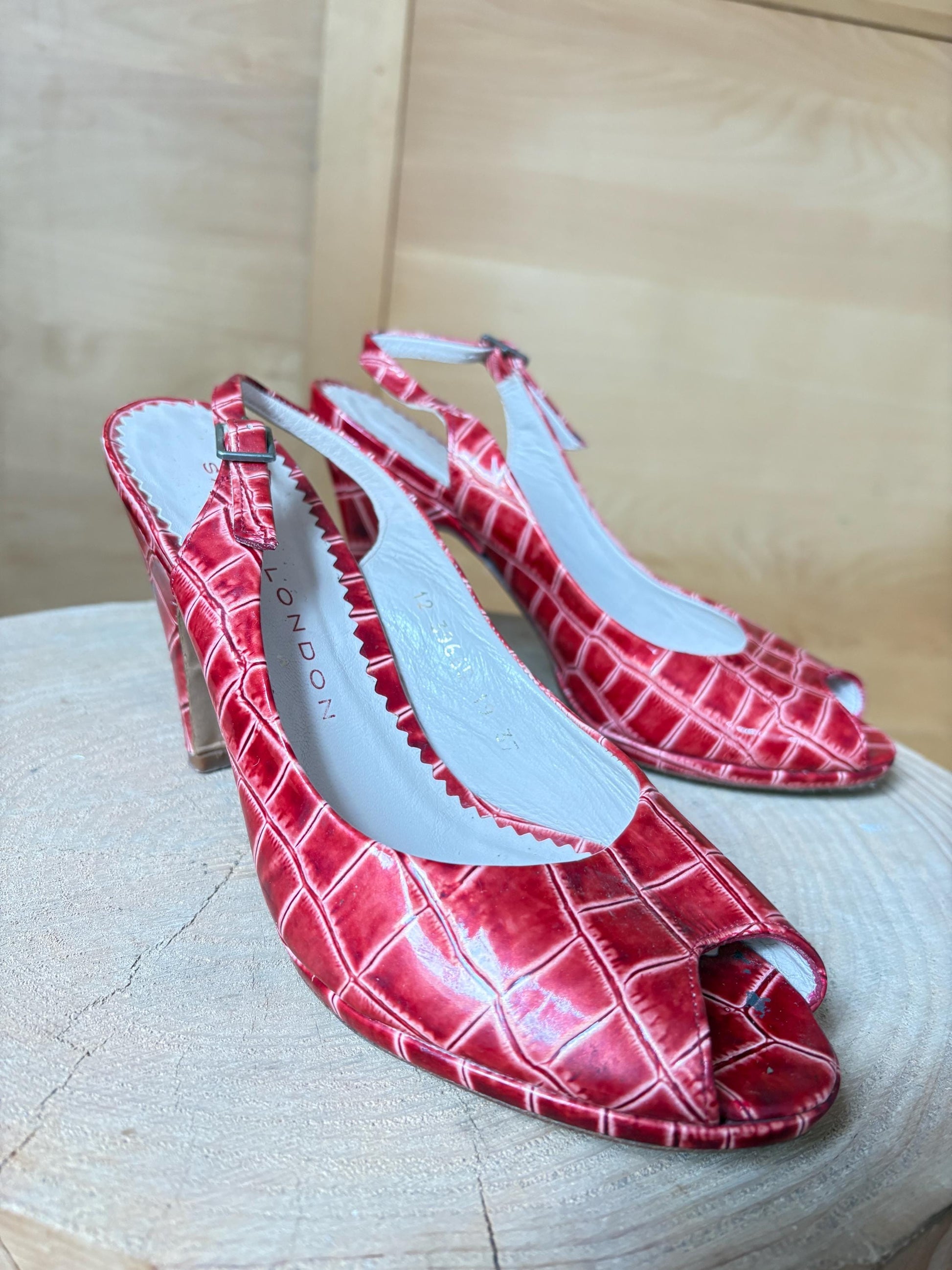 Vintage Sacha London Red Patent Heels, Peep Toe Snake Leather Shoes, Y2K Glam Made In Spain EU 37 Retro Chic