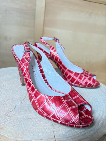 Vintage Sacha London Red Patent Heels, Peep Toe Snake Leather Shoes, Y2K Glam Made In Spain EU 37 Retro Chic