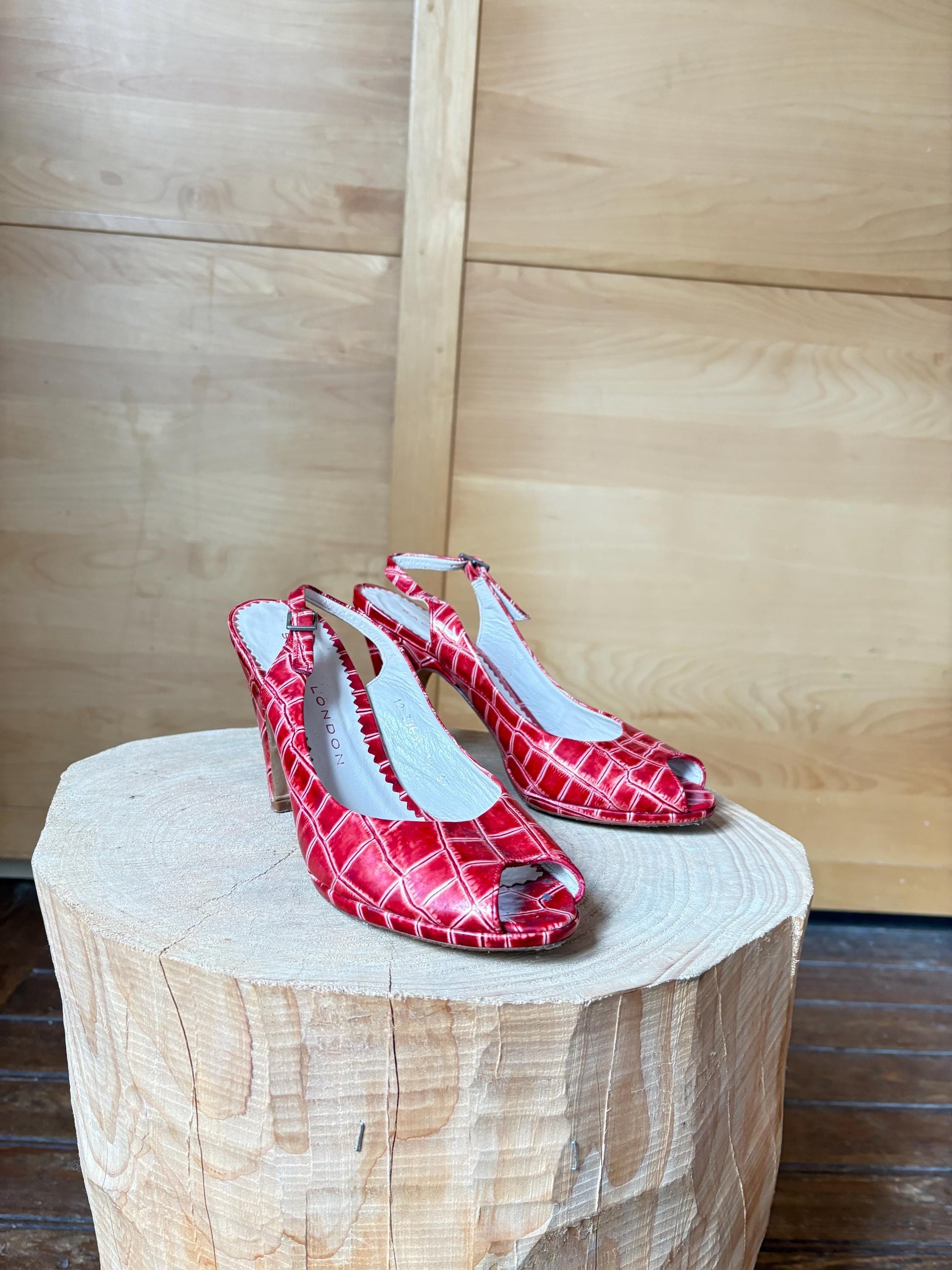 Vintage Sacha London Red Patent Heels, Peep Toe Snake Leather Shoes, Y2K Glam Made In Spain EU 37 Retro Chic