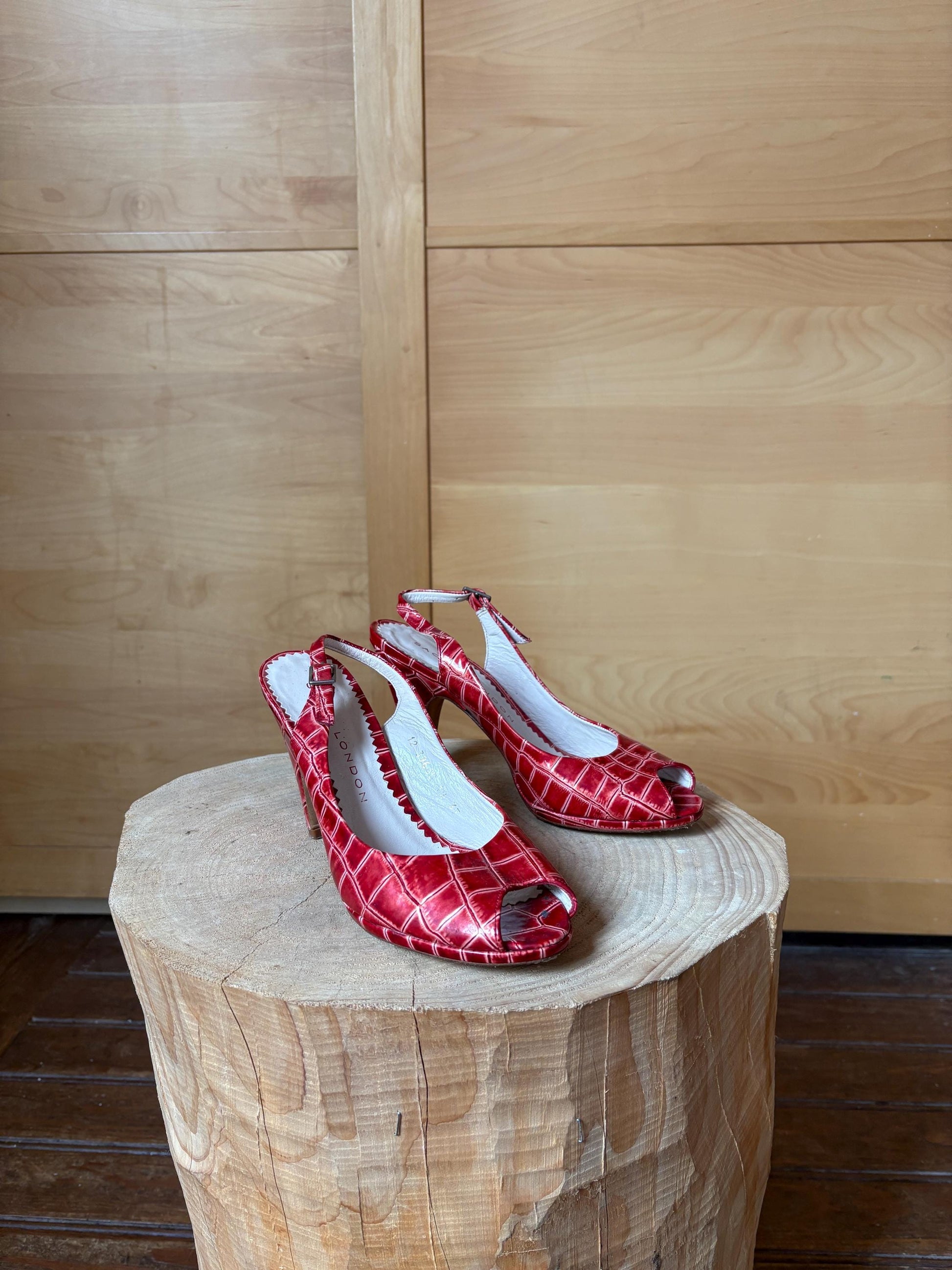 Vintage Sacha London Red Patent Heels, Peep Toe Snake Leather Shoes, Y2K Glam Made In Spain EU 37 Retro Chic