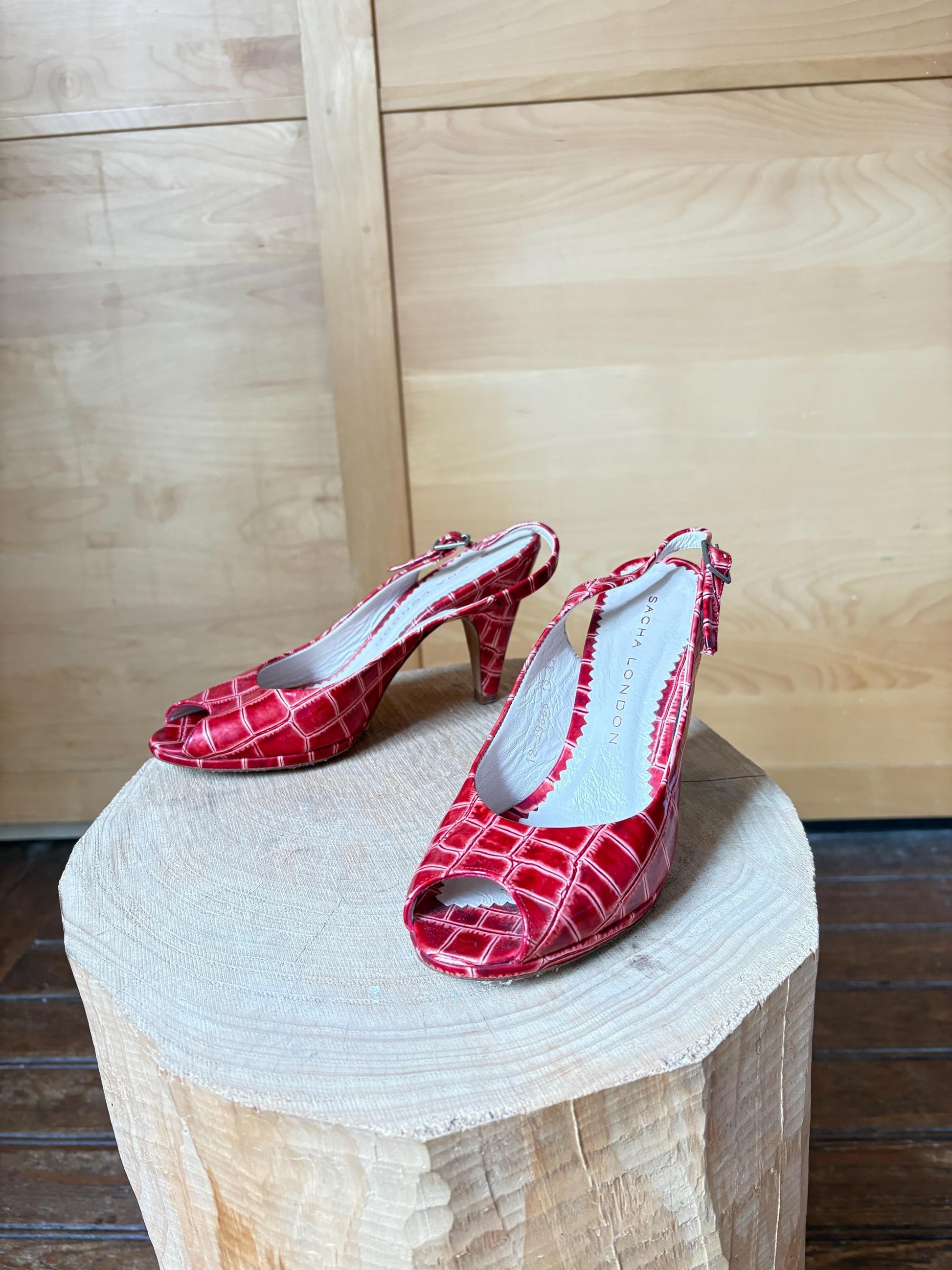 Vintage Sacha London Red Patent Heels, Peep Toe Snake Leather Shoes, Y2K Glam Made In Spain EU 37 Retro Chic