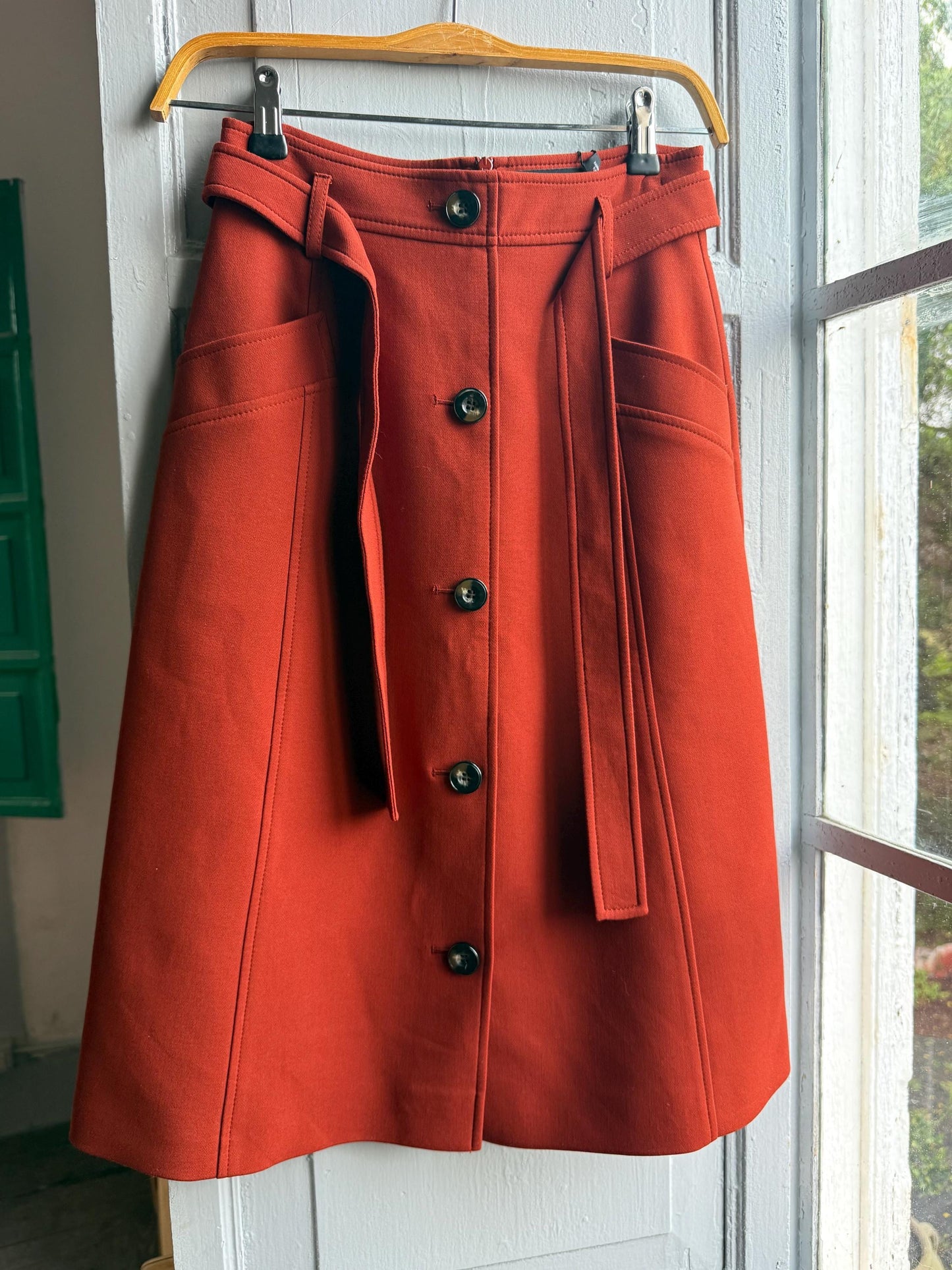 Karen Millen Red High Waist Utility Skirt — fabric close-up