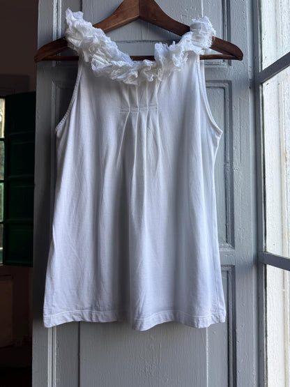 Romantic white cotton summer camisole with ruffled neckline, Size XS