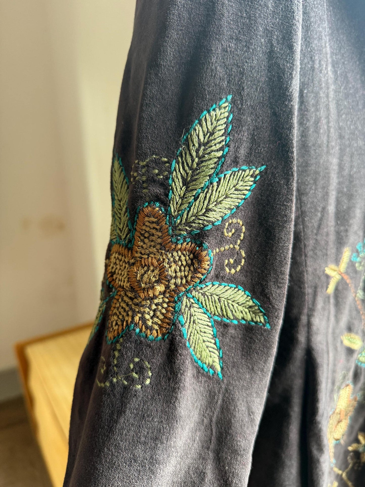 Bohemian Floral Velvet Midi Coat — fabric close-up