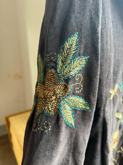 Bohemian Floral Velvet Midi Coat — fabric close-up