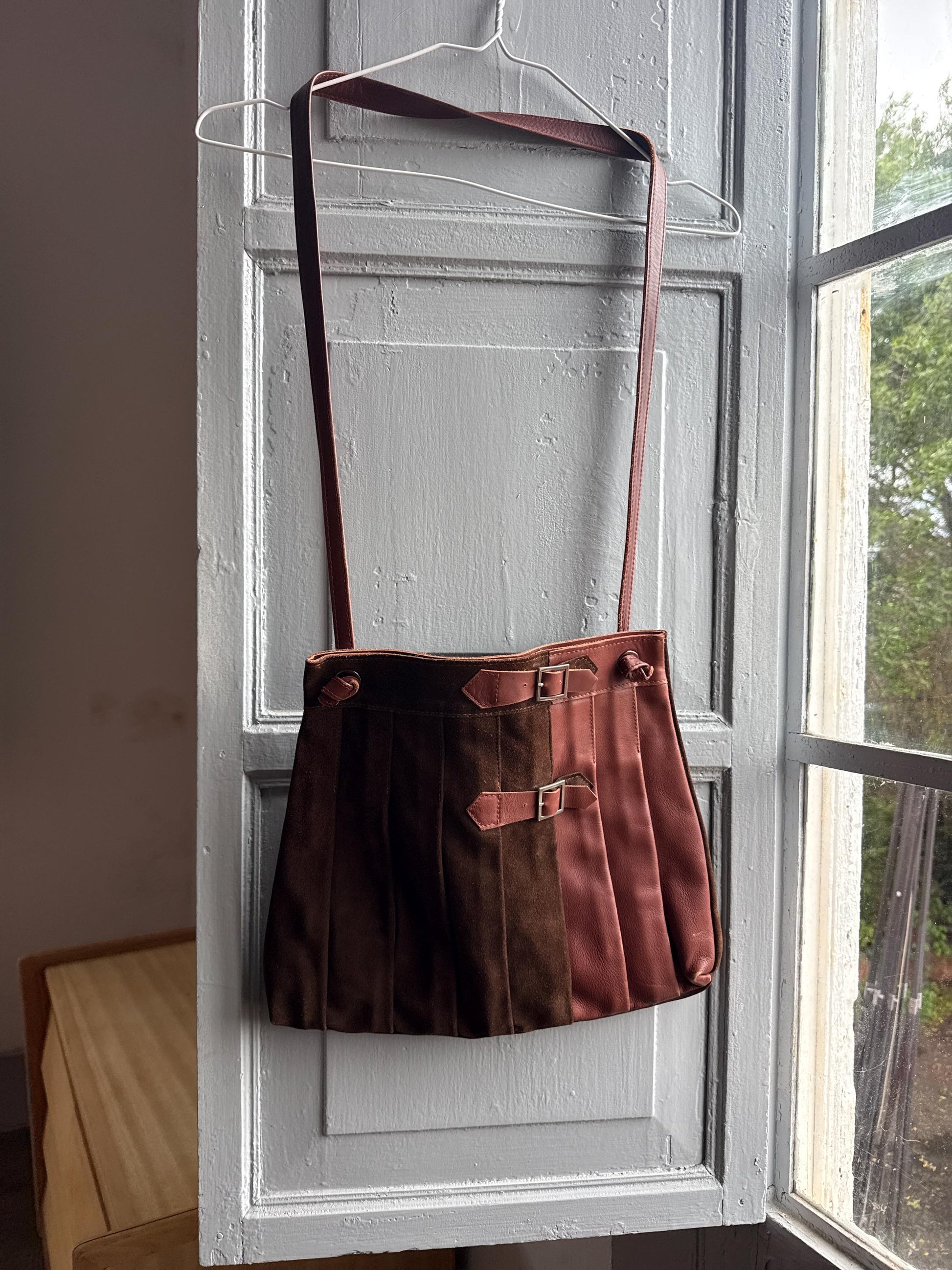 Brown Suede Pleated Crossbody Bag — detail