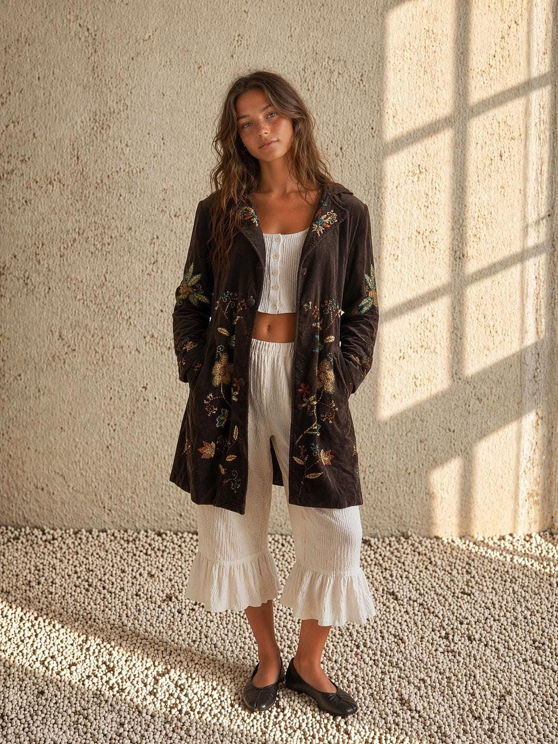 Bohemian Floral Velvet Midi Coat