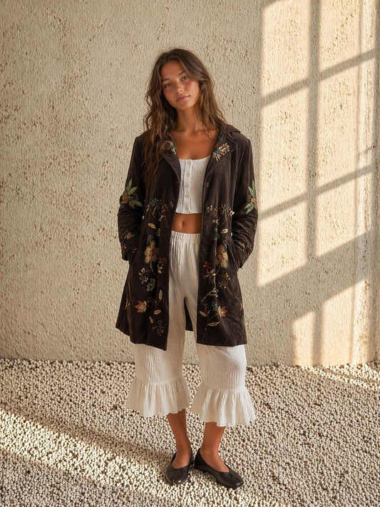 Bohemian Floral Velvet Midi Coat