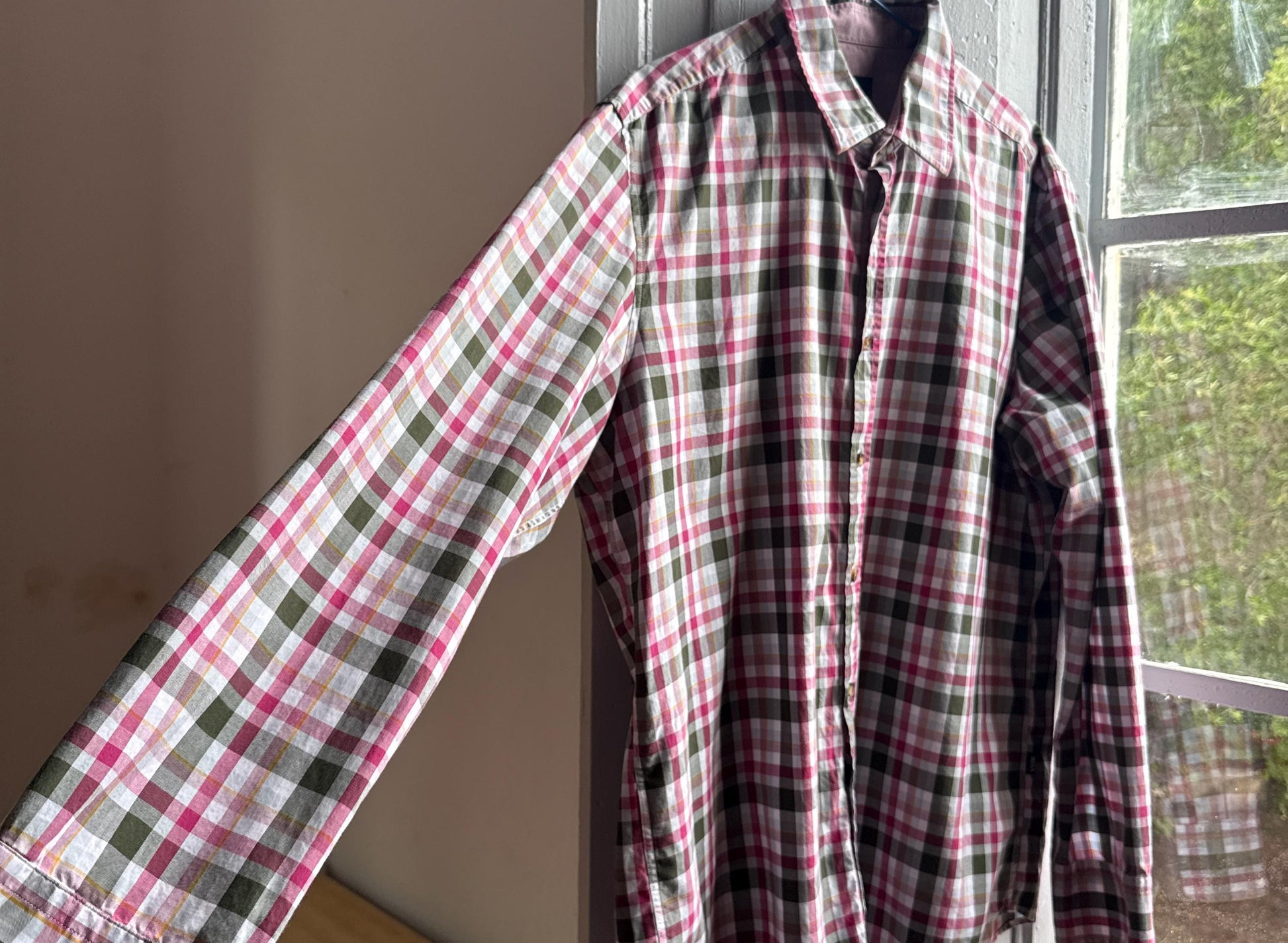 Hugo Boss Plaid Cotton Button-Up Shirt — back view