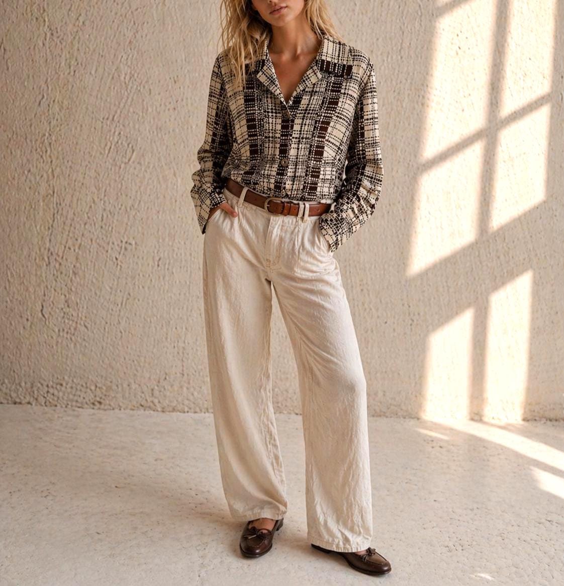 70s Vintage Geometric Brown and White Blouse