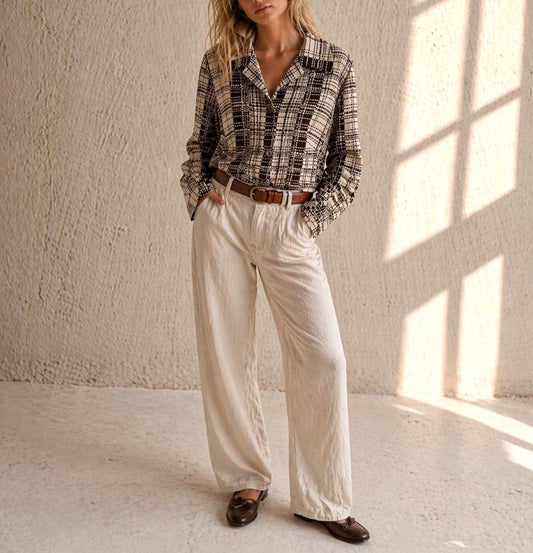 70s Vintage Geometric Brown and White Blouse