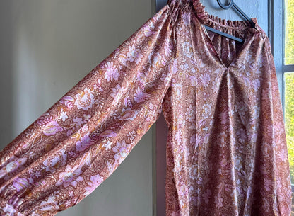 Sheer Floral Blouse Boho Pink Romantic Top, Lightweight Summer Peasant Style clothing, Indie Feminine Vintage Womens festival wear