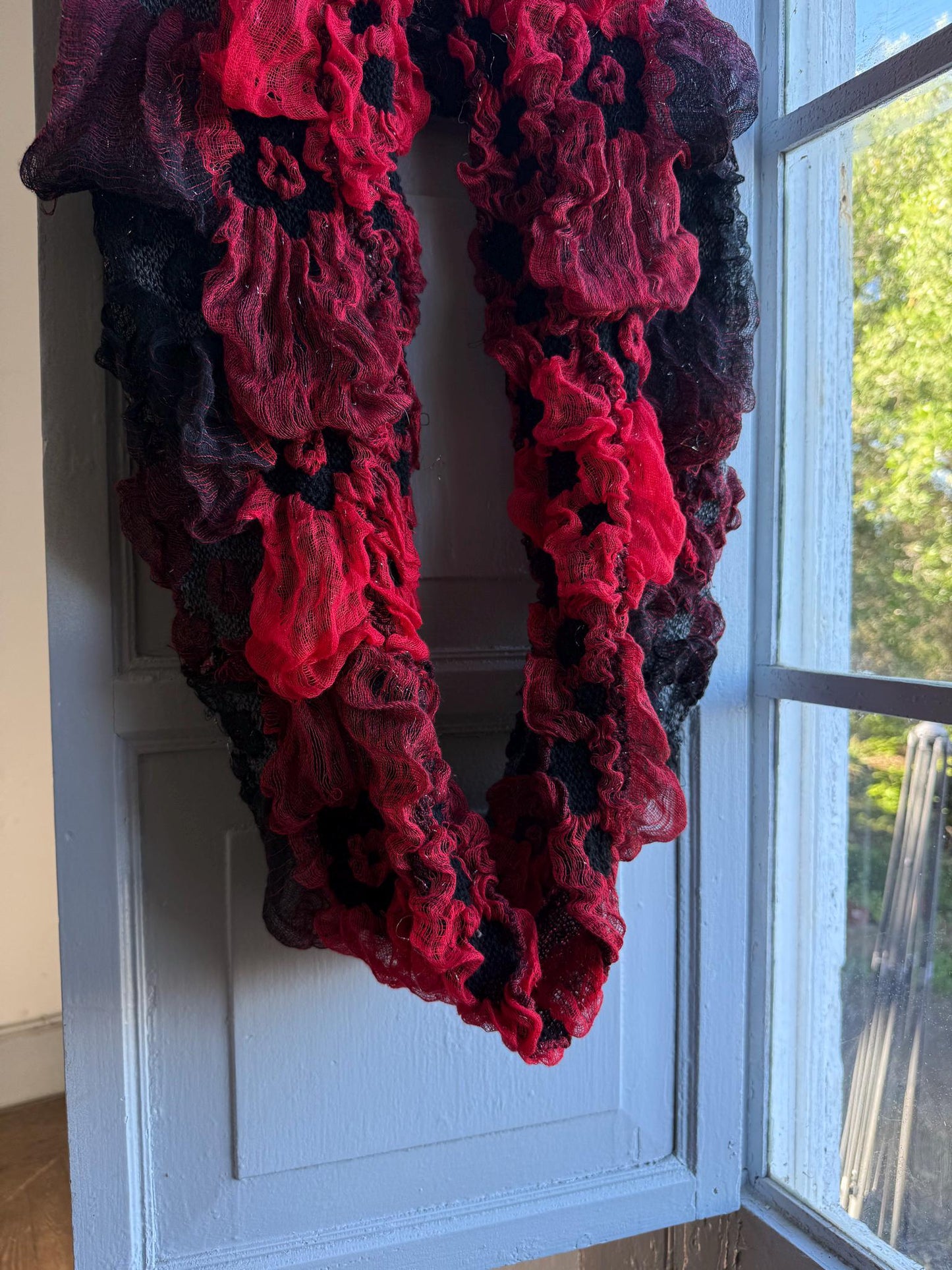 Vintage Ruffle Loop Scarf in Red Black — back view