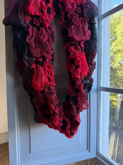Vintage Ruffle Loop Scarf in Red Black — back view