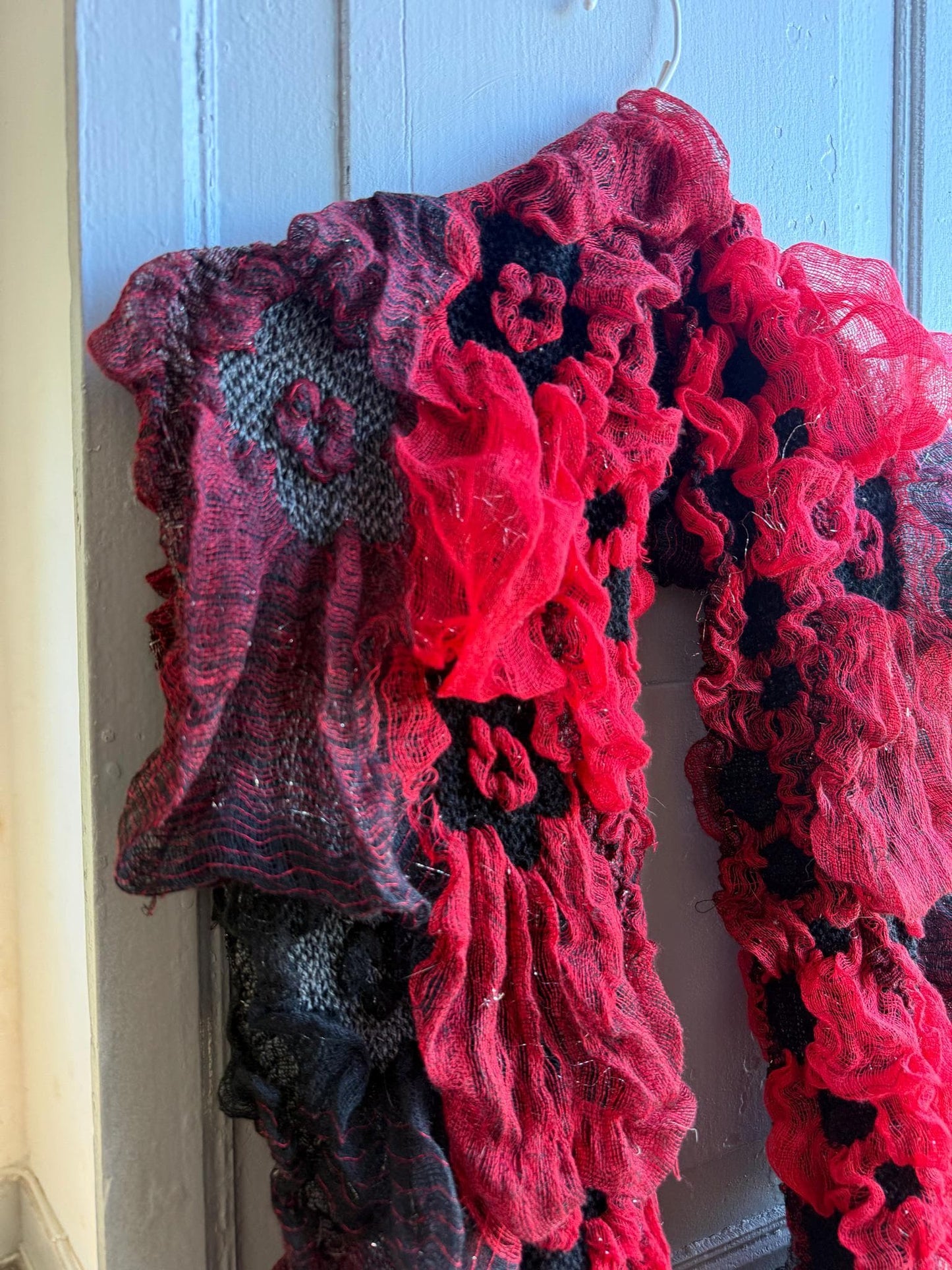 Vintage Ruffle Loop Scarf in Red Black — fabric close-up