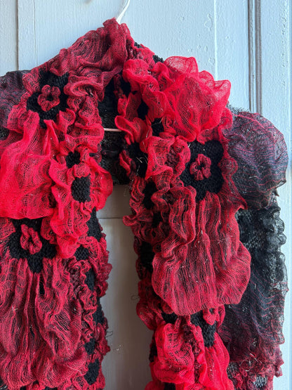 Vintage Ruffle Loop Scarf in Red Black — additional view 5