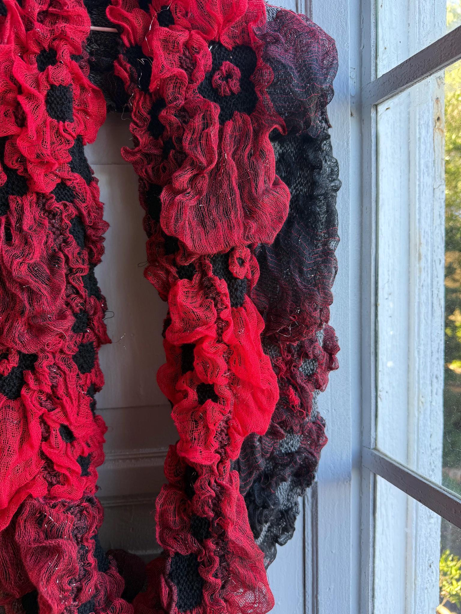 Vintage Red Black Ruffle Loop Scarf — back view