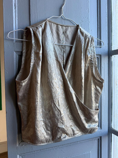 Metallic Gold Draped Top, Chic Cropped Blouse, Minimal Luxe Party wear, Evening Going Out Sleeveless Wrap top