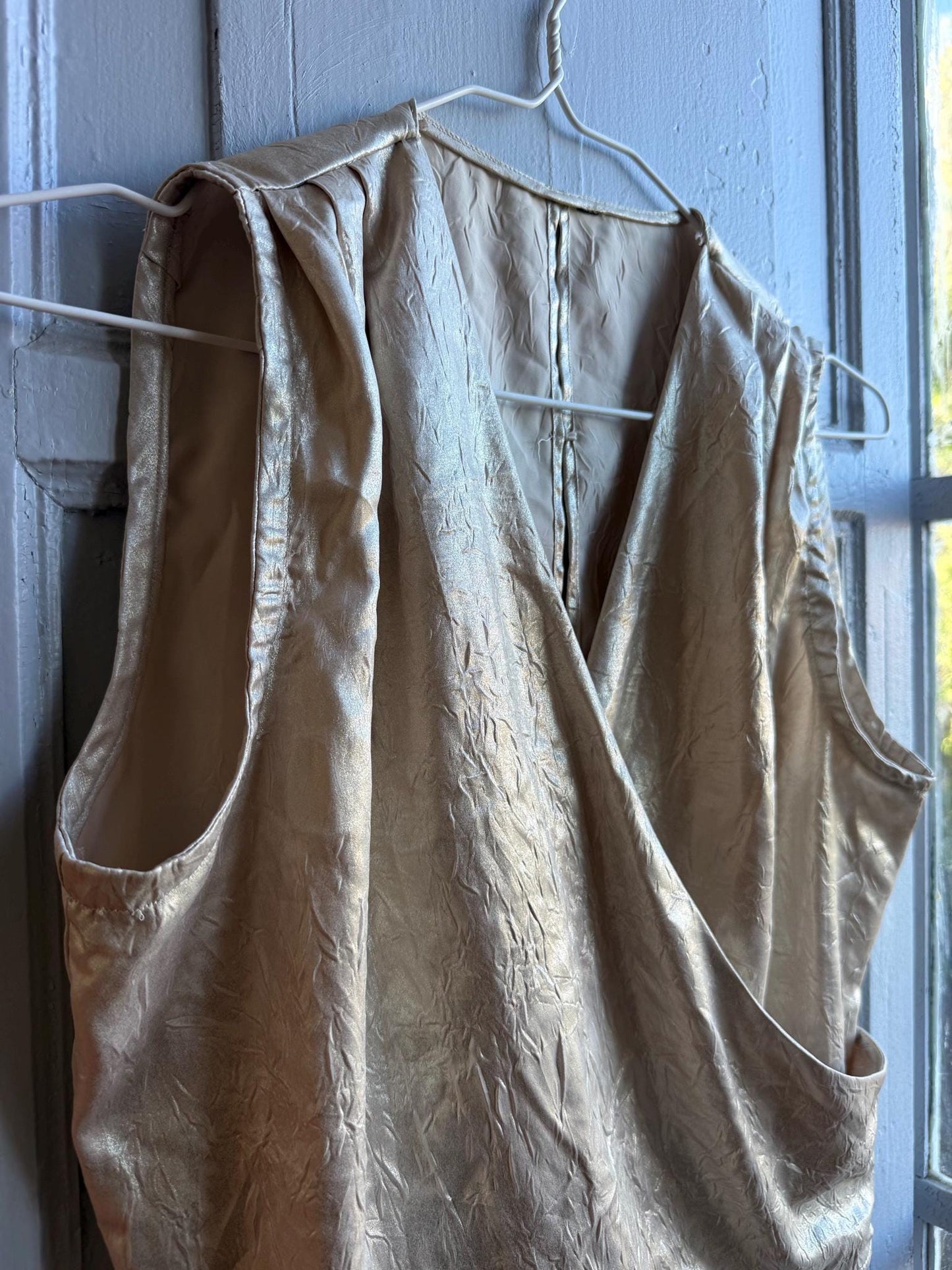 Metallic Gold Draped Top, Chic Cropped Blouse, Minimal Luxe Party wear, Evening Going Out Sleeveless Wrap top