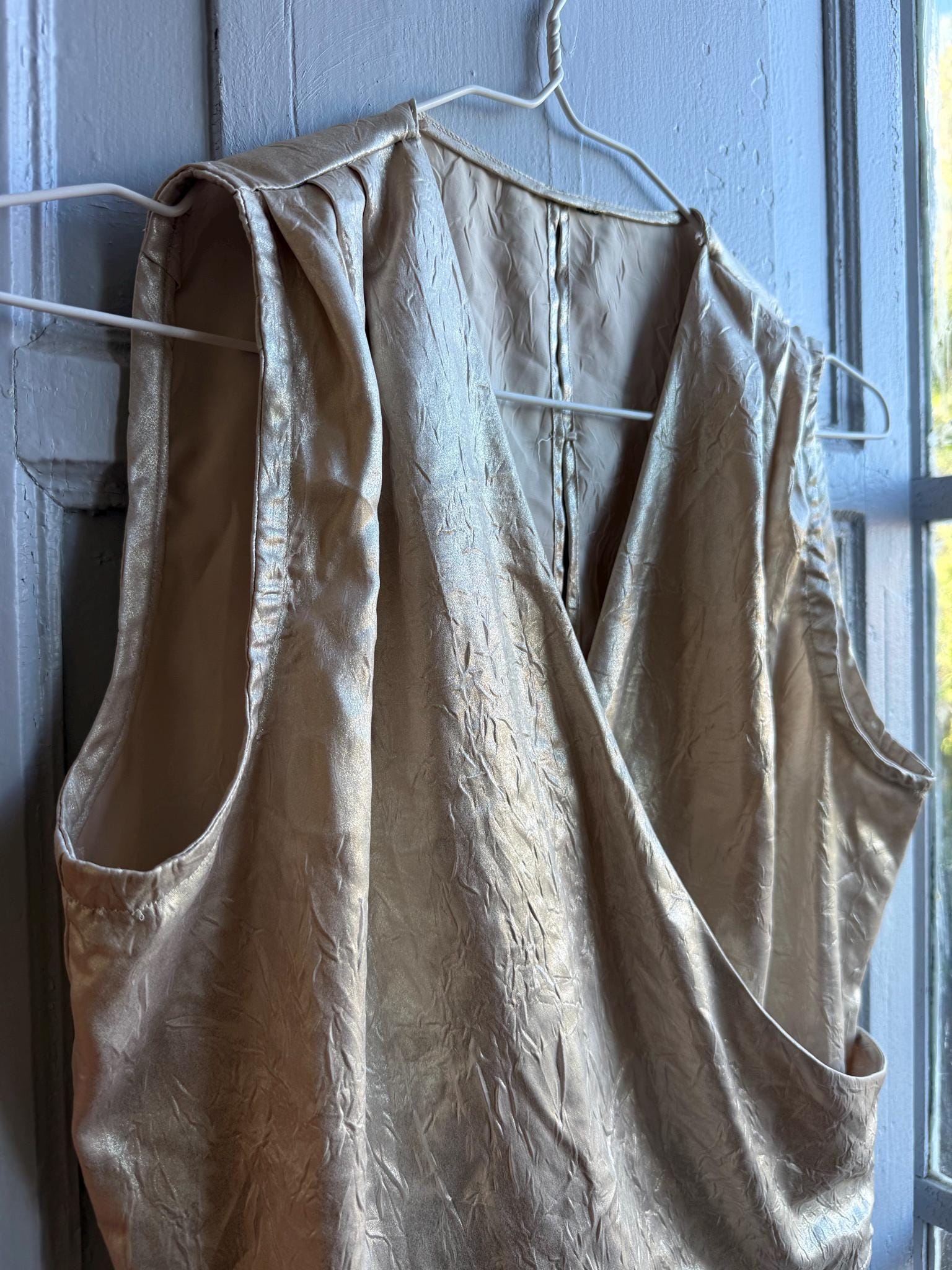 Metallic Gold Draped Top, Chic Cropped Blouse, Minimal Luxe Party wear, Evening Going Out Sleeveless Wrap top