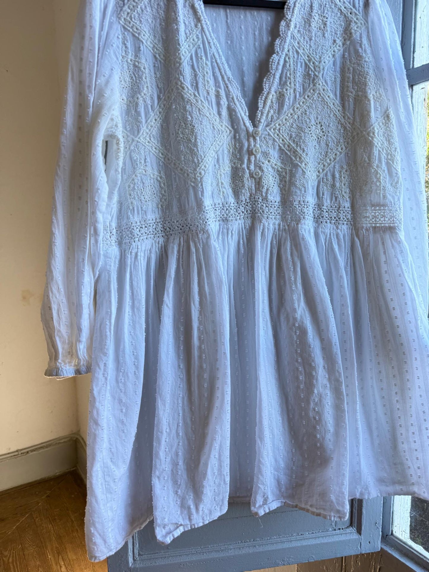 White Cotton Boho Dress, Romantic Lace Summer Mini, Prairie Cottagecore Beach wear, Womens Relaxed Babydoll