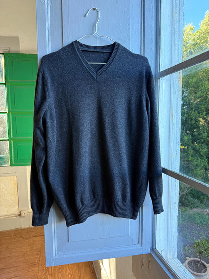 Vintage Wool V Neck Jumper, Mens Dark Grey Minimal Sweater, Old Money Knit, Relaxed Winter Pullover