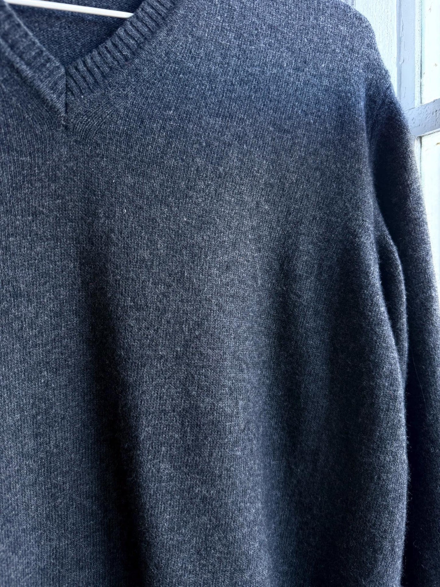Vintage Wool V Neck Jumper, Mens Dark Grey Minimal Sweater, Old Money Knit, Relaxed Winter Pullover