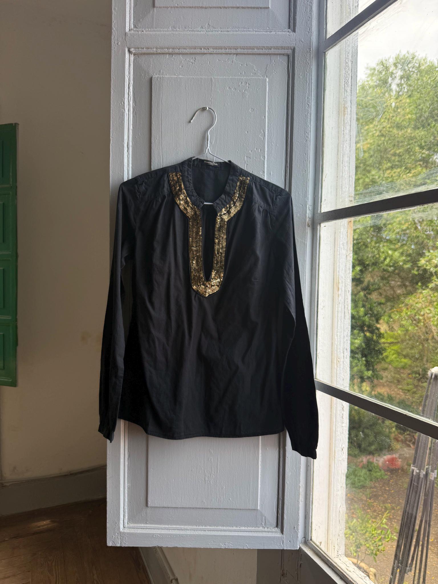 Massimo Dutti Black Blouse, Gold Embellished V Neck Top, EU 36, Minimal Luxe Chic Evening Shirt