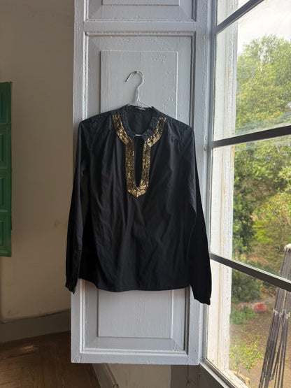 Massimo Dutti Black Blouse, Gold Embellished V Neck Top, EU 36, Minimal Luxe Chic Evening Shirt