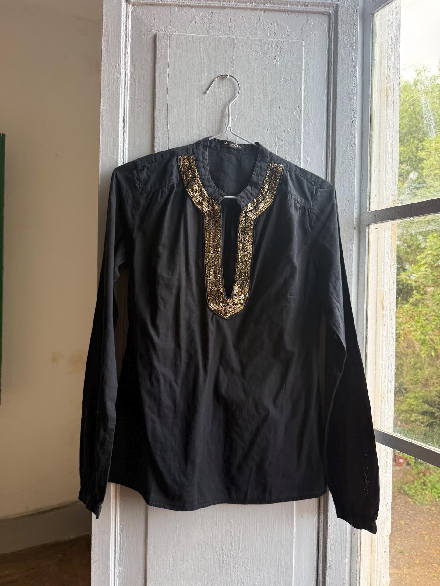 Massimo Dutti Black Blouse, Gold Embellished V Neck Top, EU 36, Minimal Luxe Chic Evening Shirt