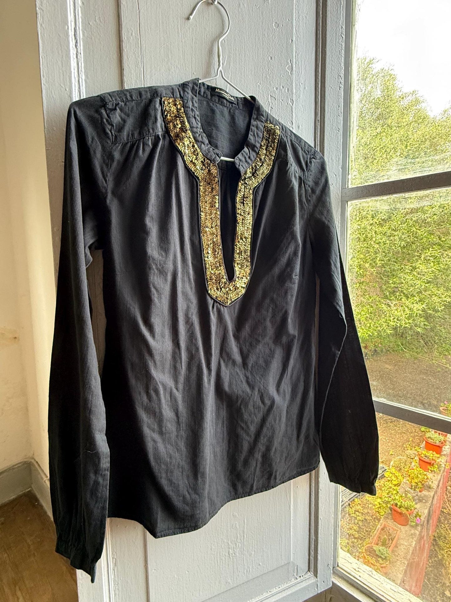 Massimo Dutti Black Blouse, Gold Embellished V Neck Top, EU 36, Minimal Luxe Chic Evening Shirt