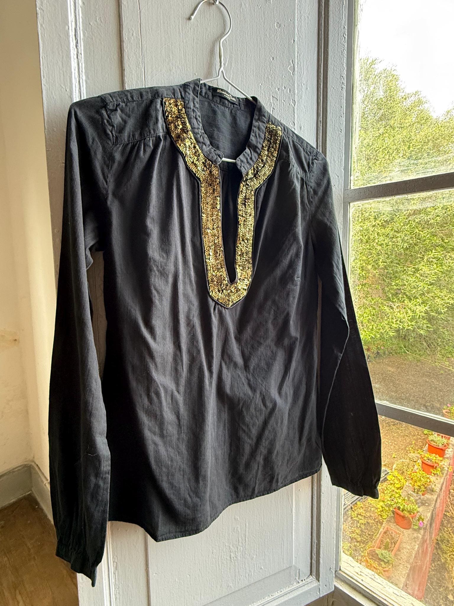 Massimo Dutti Black Blouse, Gold Embellished V Neck Top, EU 36, Minimal Luxe Chic Evening Shirt