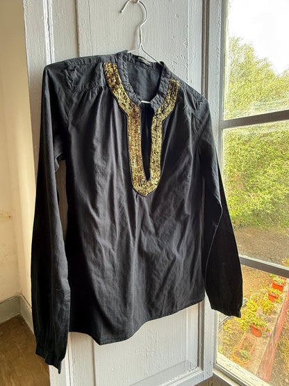 Massimo Dutti Black Blouse, Gold Embellished V Neck Top, EU 36, Minimal Luxe Chic Evening Shirt