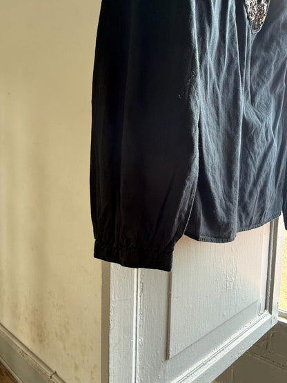 Massimo Dutti Black Blouse, Gold Embellished V Neck Top, EU 36, Minimal Luxe Chic Evening Shirt