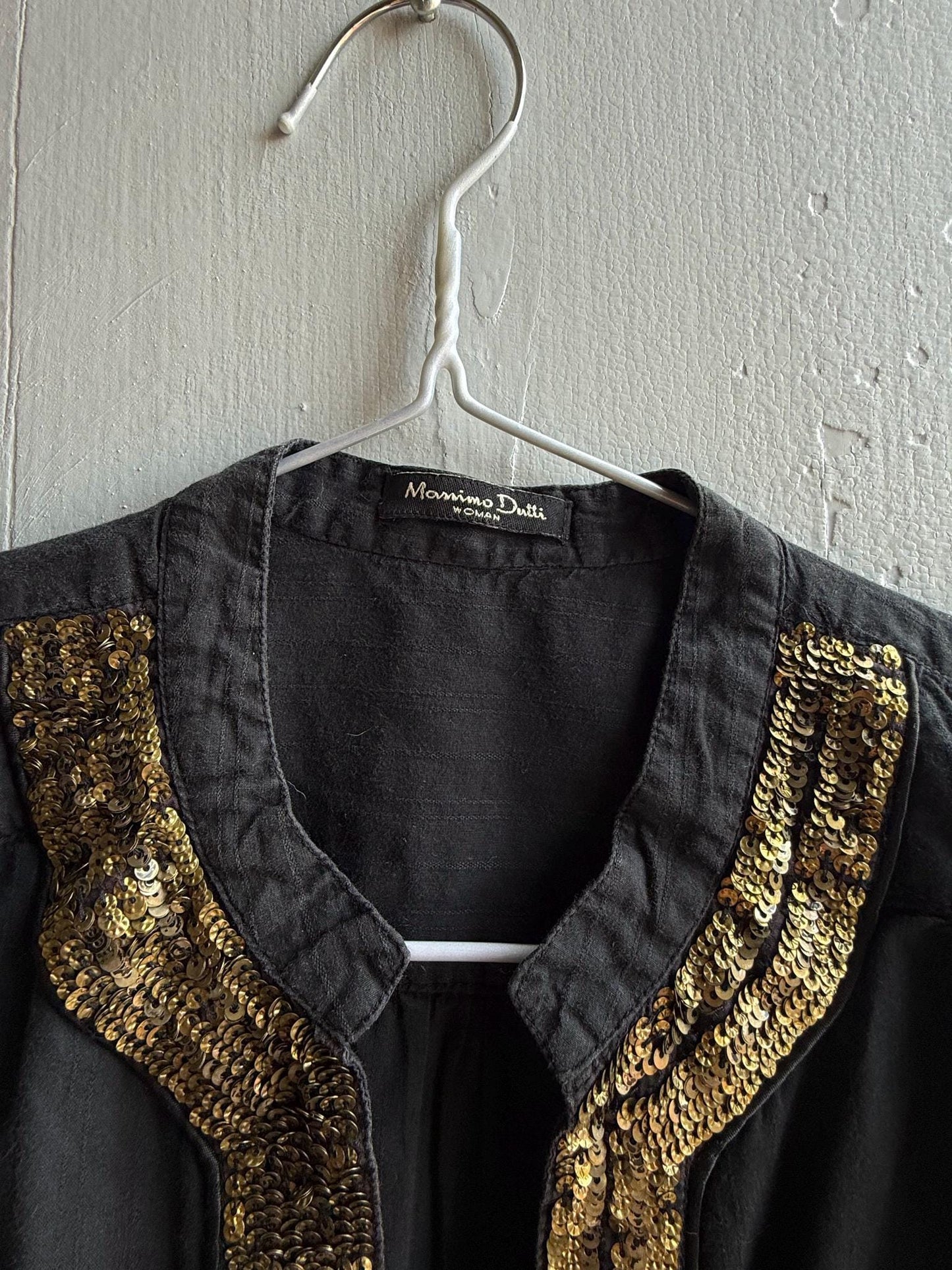 Massimo Dutti Black Blouse, Gold Embellished V Neck Top, EU 36, Minimal Luxe Chic Evening Shirt