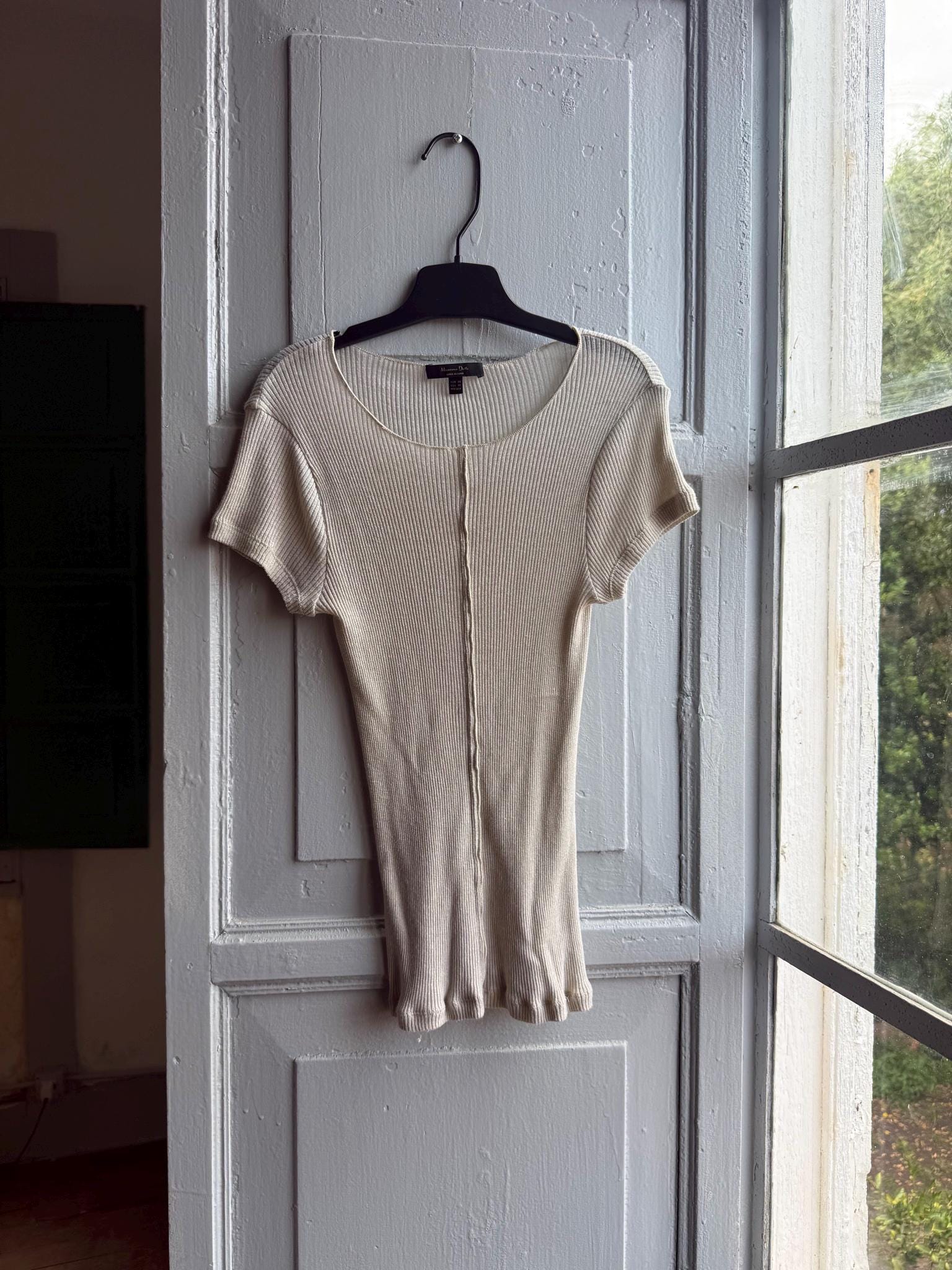 Massimo Dutti Ribbed Knit Top, Beige Glitter Shimmer shirt, Minimalist Chic Stretchy Luxury Women Top, Size XS