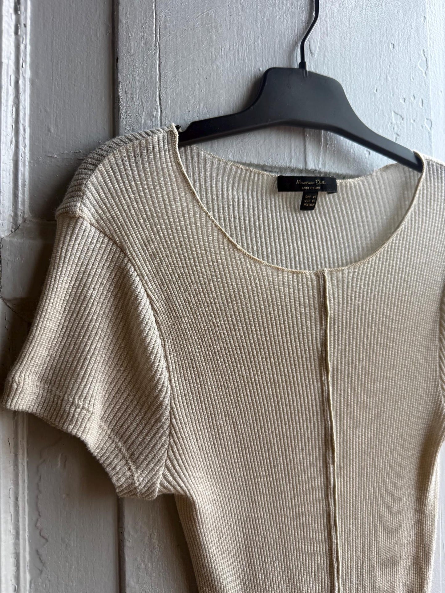 Massimo Dutti Ribbed Knit Top, Beige Glitter Shimmer shirt, Minimalist Chic Stretchy Luxury Women Top, Size XS