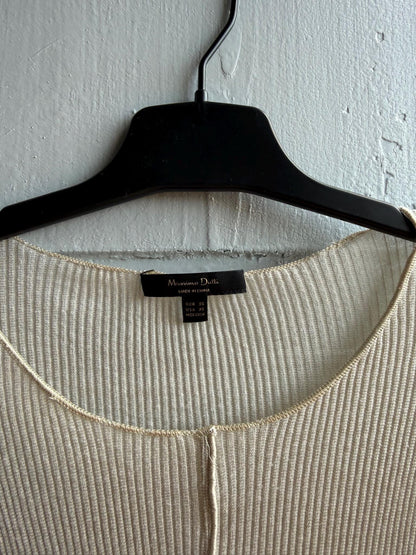 Massimo Dutti Ribbed Knit Top, Beige Glitter Shimmer shirt, Minimalist Chic Stretchy Luxury Women Top, Size XS